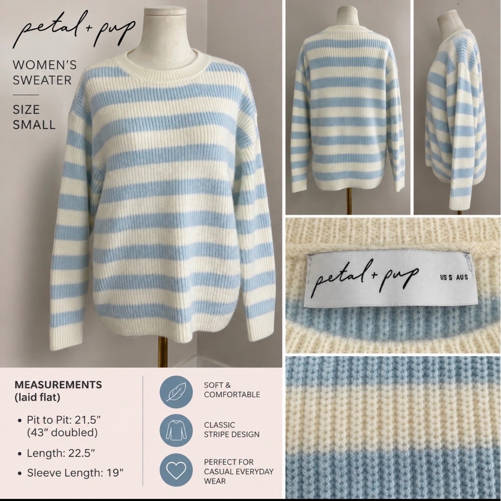 Petal + Pup Striped Knit Sweater Blue Cream Crew Neck Relaxed Fit Small